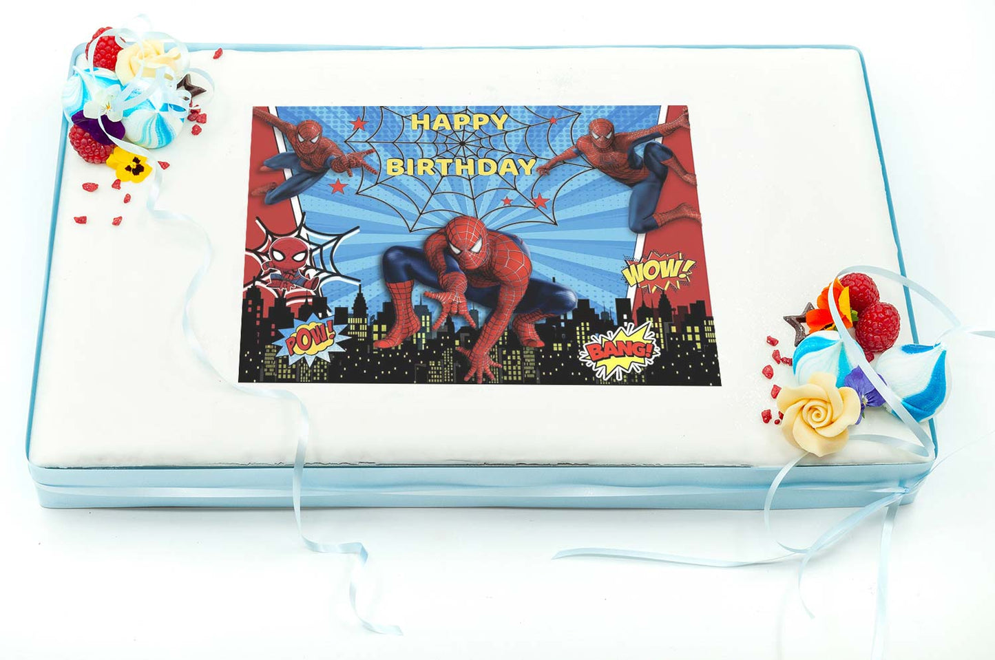 Large rectangular traybake cake with an edible picture of Spiderman (Spider-Man) on it