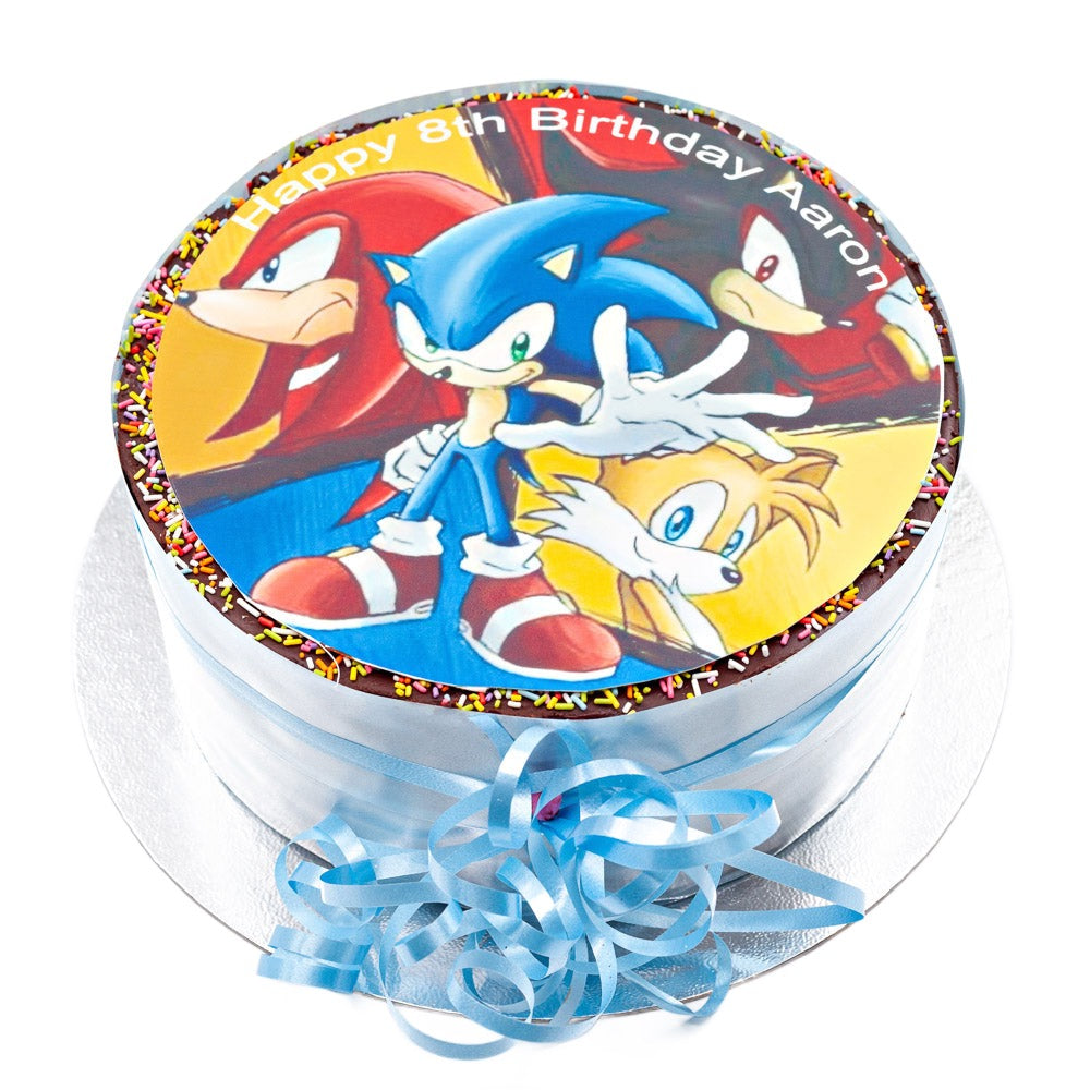 A cake with an edible image printed across its top.