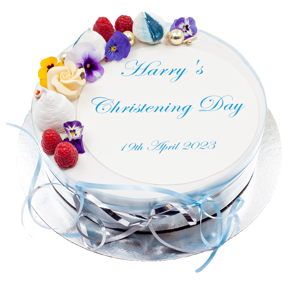 A christening cake with blue motif and decorations