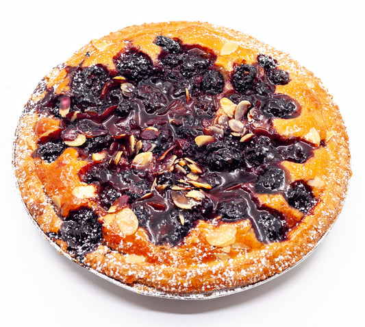 A delicious hand-baked traditional raspberry and almond tart